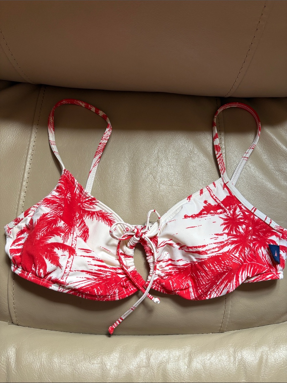 Nautica Red & White Tropical Palm Print Bikini Top
